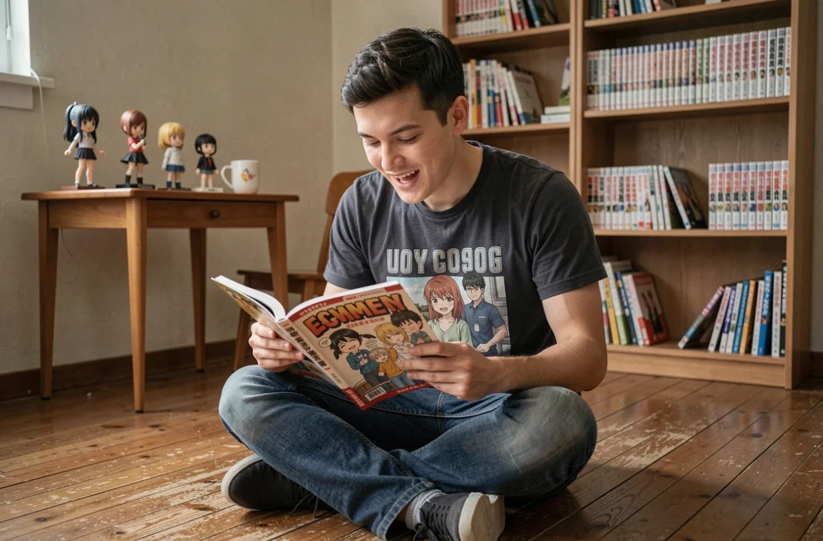 Fan de One Piece lisant un scan manga dans son appartement entouré de figurines et de tomes
