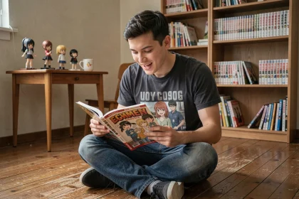 Fan de One Piece lisant un scan manga dans son appartement entouré de figurines et de tomes
