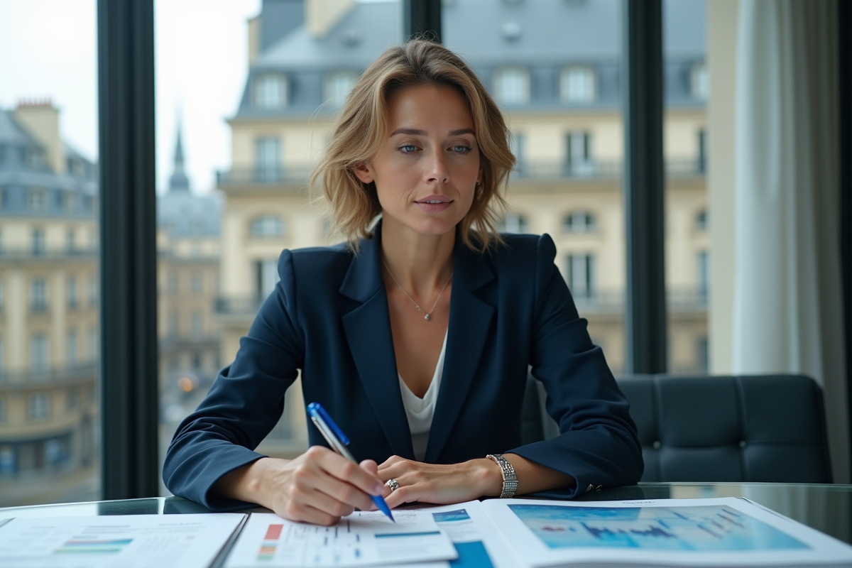 Femme d'affaires en costume regardant ses portefeuilles d'investissement