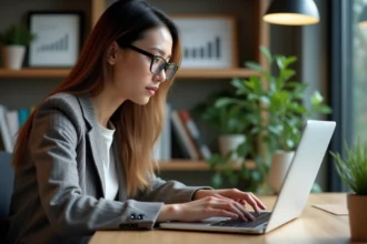 Jeune femme professionnelle analysant des données sur un ordinateur