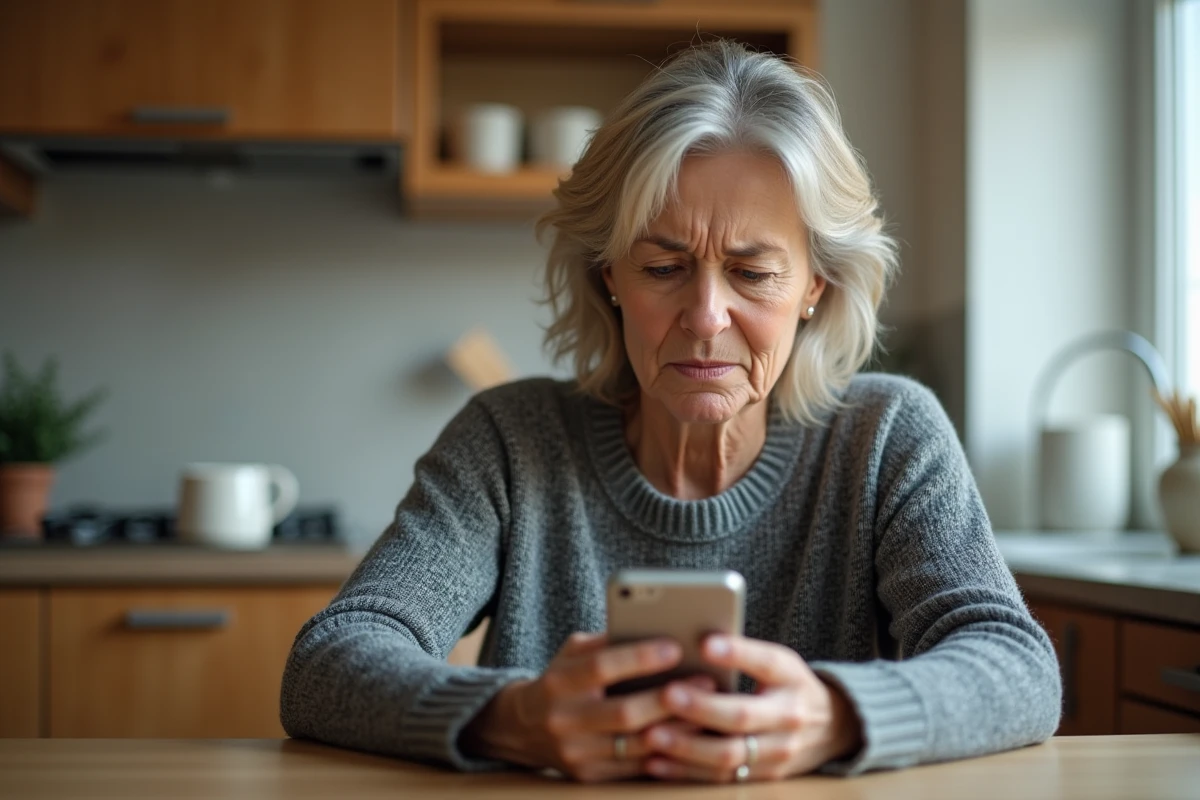 Femme méfiante regardant un appel entrant suspect sur son smartphone dans une cuisine