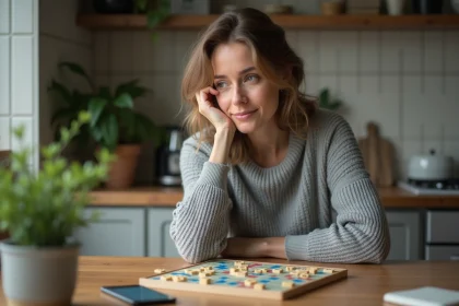 Femme consultant une application de validation de mots Scrabble sur smartphone à côté d'un plateau de jeu classique en bois