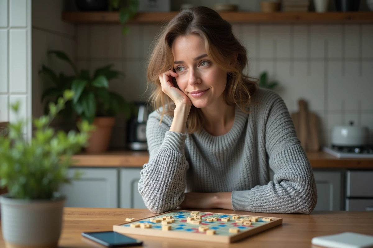 Femme consultant une application de validation de mots Scrabble sur smartphone à côté d'un plateau de jeu classique en bois