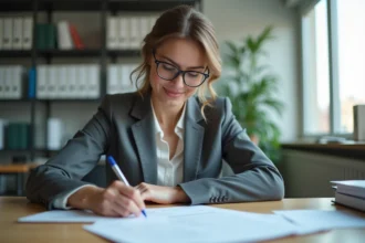 Femme professionnelle en bureau examinant documents d'assurance