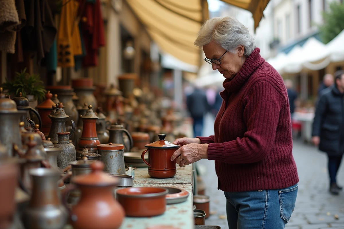 Femme inspectant une cafetière émaillée vintage sur un étal de brocante dans le Nord de la France