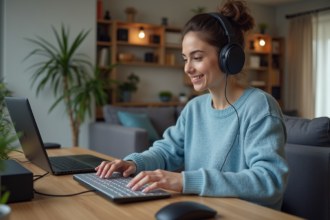 Femme en tenue décontractée travaillant à son bureau à domicile