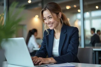 Femme professionnelle souriante en train d'envoyer un message de remerciement sur son ordinateur portable dans un bureau moderne