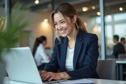 Femme professionnelle souriante en train d'envoyer un message de remerciement sur son ordinateur portable dans un bureau moderne