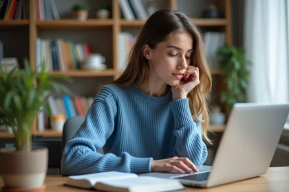 Jeune femme concentrée travaillant sur son ordinateur dans un bureau lumineux