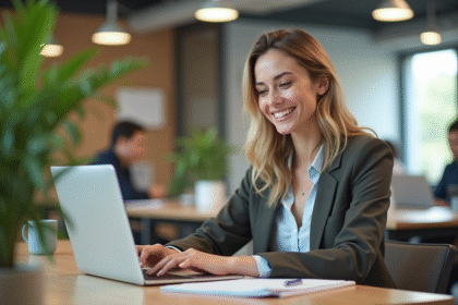 Femme souriante travaillant sur un ordinateur dans un bureau lumineux
