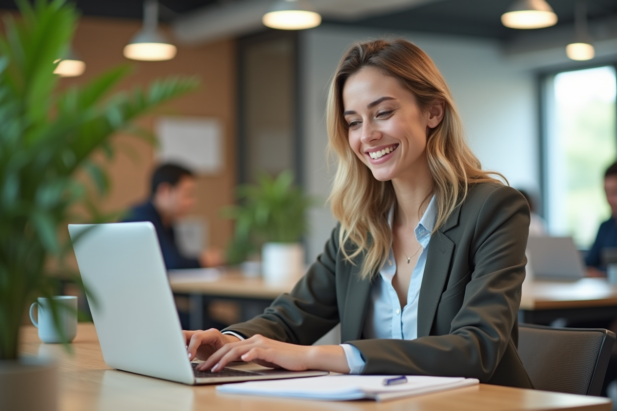 Femme souriante travaillant sur un ordinateur dans un bureau lumineux