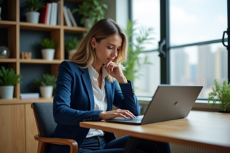 Femme en blazer bleu compare deux tablettes Windows dans un bureau