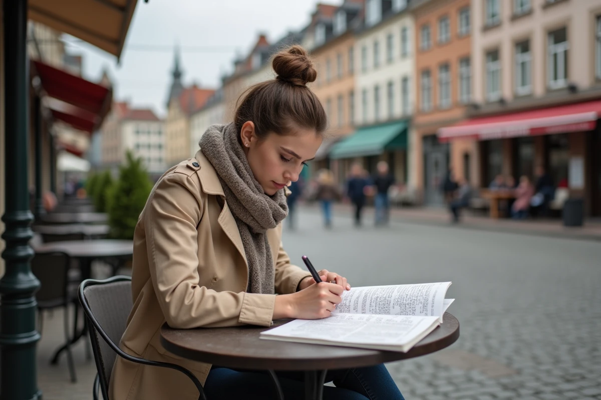 Jeune femme écrivant dans un livre de mots croisés en terrasse belge