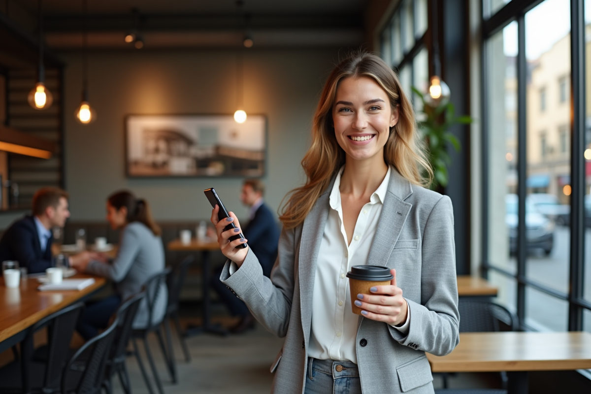 Femme dans un café urbain tenant son smartphone