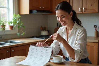 Femme souriante regardant un calendrier dans la cuisine chaleureuse