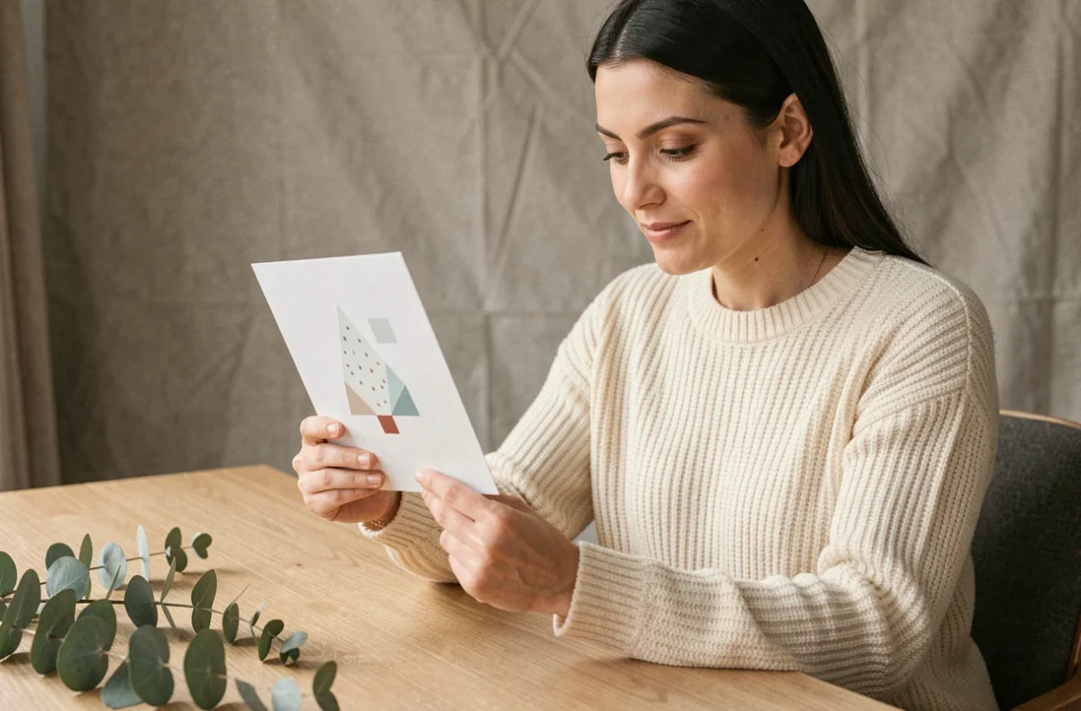 Femme tenant une carte de Noël minimaliste imprimée, assise à un bureau en bois avec décoration naturelle épurée
