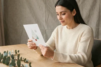 Femme tenant une carte de Noël minimaliste imprimée, assise à un bureau en bois avec décoration naturelle épurée