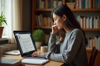 Femme consultant Wikipédia sur son ordinateur portable dans un bureau à domicile chaleureux entouré de livres de référence