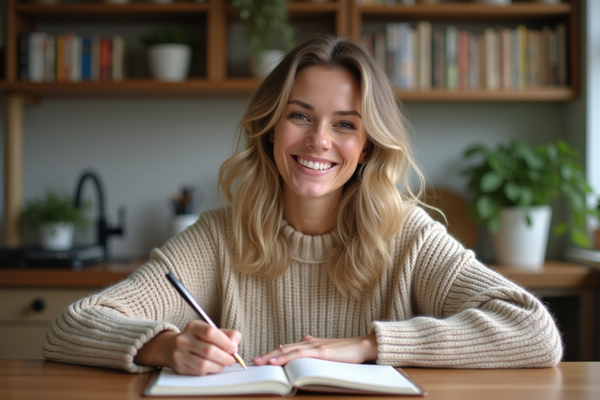 Femme souriante écrivant dans un journal dans une cuisine chaleureuse