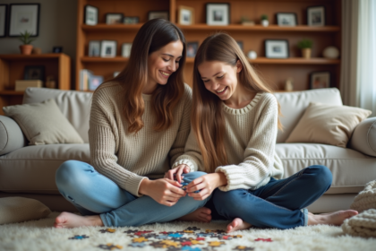 Femme souriante et sa fille en train de faire un puzzle