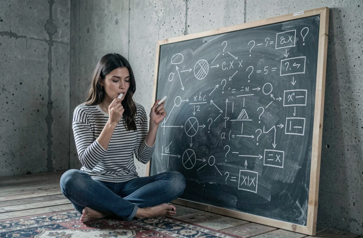 Jeune femme réfléchissant à une énigme logique devant un tableau noir couvert de schémas de déduction