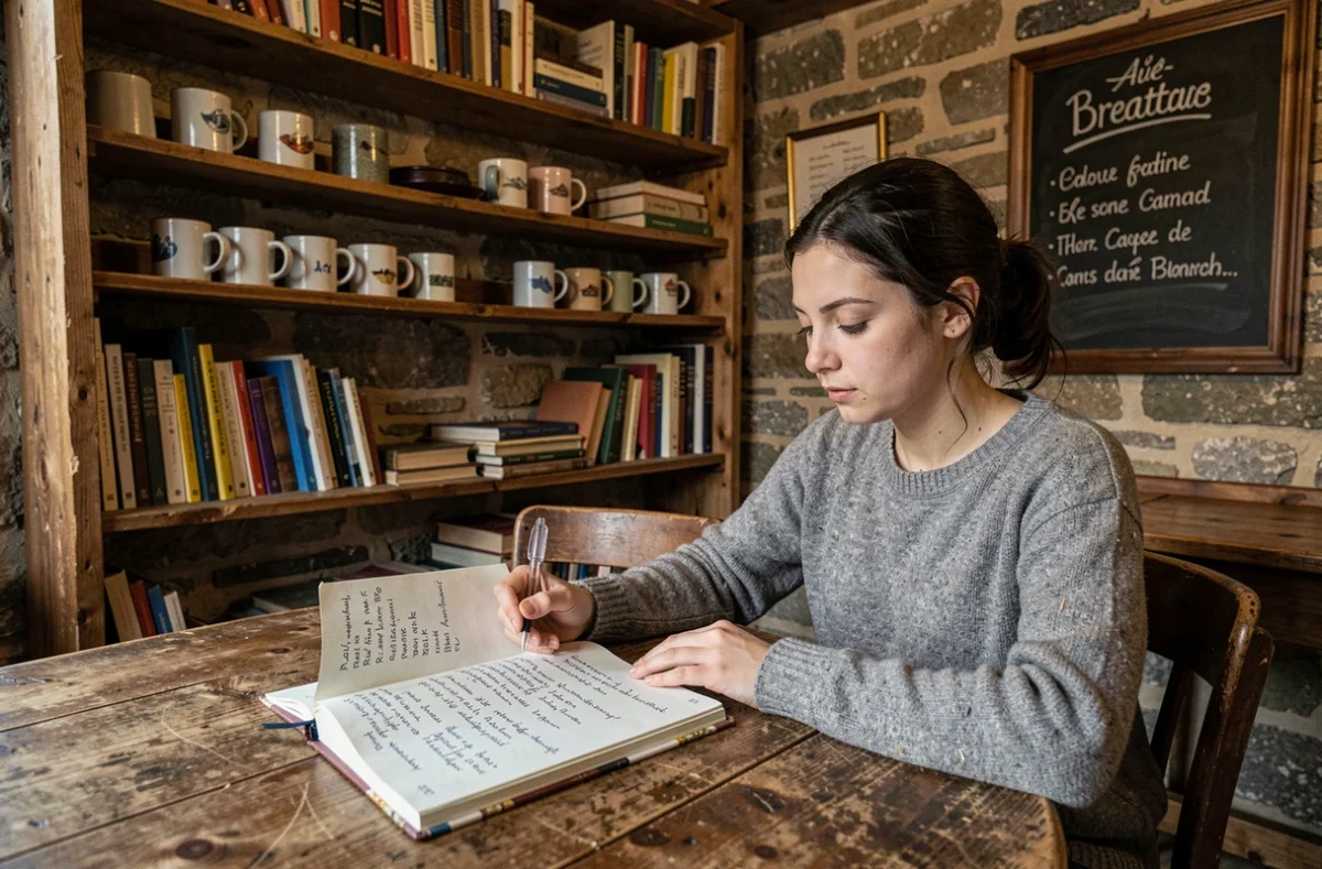 Jeune femme étudiant la langue bretonne dans un pub traditionnel, avec des notes manuscrites sur le vocabulaire breton et l'expression gwers trad