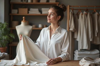Jeune femme compare tissus coton et viscose dans un atelier