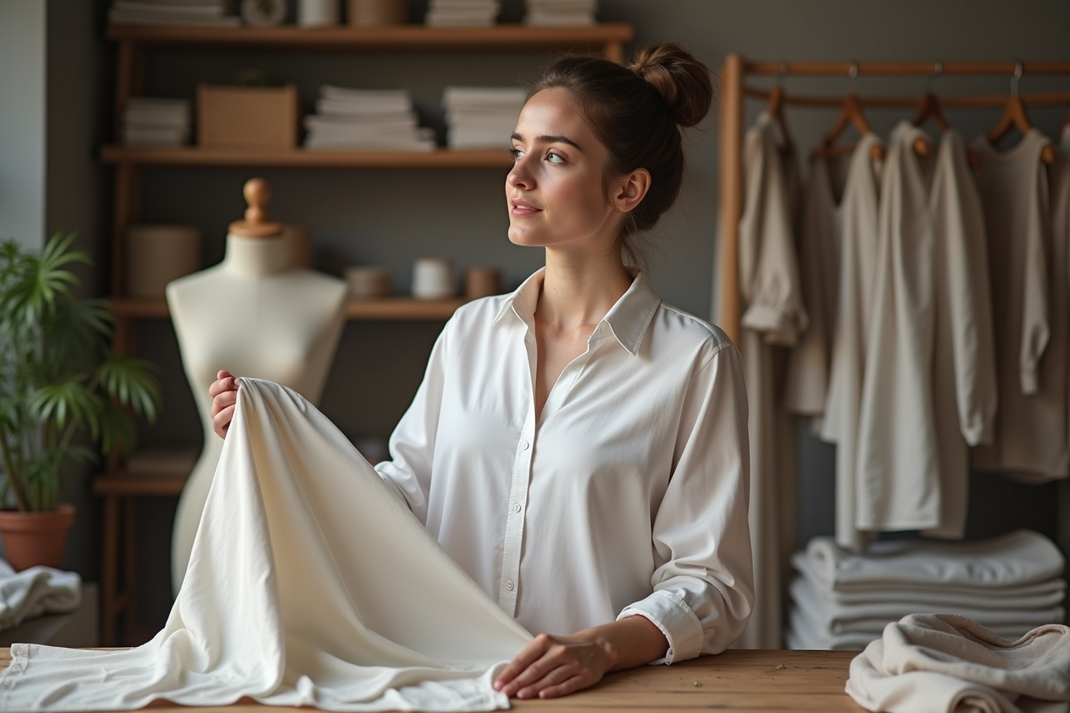 Jeune femme compare tissus coton et viscose dans un atelier