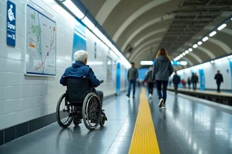 Femme en fauteuil roulant consultant le plan d'accessibilité PMR d'une station du métro Ligne 14 à Paris