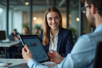 Jeune femme en fintech discutant avec un collègue