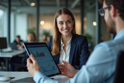 Jeune femme en fintech discutant avec un collègue