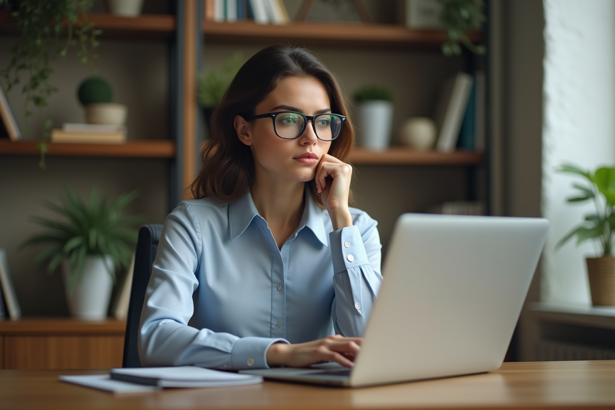 Femme fintech concentrée analysant des données financières sur son ordinateur
