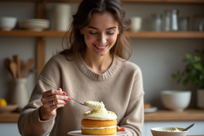 Femme en cuisine appliquant mascarpone sur gâteau