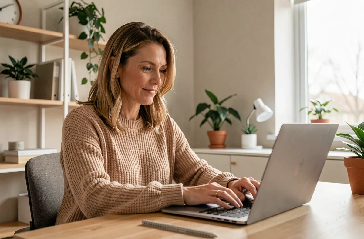 Femme élégante naviguant sur un site de rencontre depuis son bureau à domicile