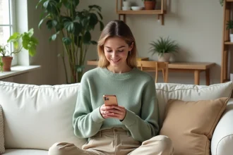 Jeune femme consultant ses Instagram Stories sur smartphone dans un appartement scandinave minimaliste, stratégie de visibilité sur les réseaux sociaux