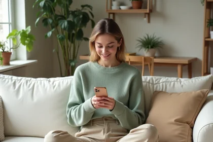Jeune femme consultant ses Instagram Stories sur smartphone dans un appartement scandinave minimaliste, stratégie de visibilité sur les réseaux sociaux