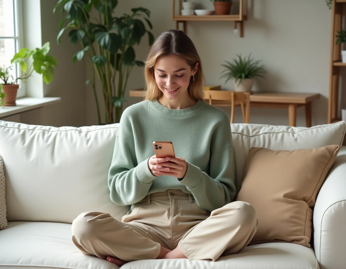 Jeune femme consultant ses Instagram Stories sur smartphone dans un appartement scandinave minimaliste, stratégie de visibilité sur les réseaux sociaux