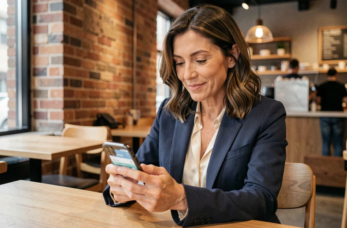 Femme mature élégante utilisant une application de rencontre sur smartphone dans un café moderne