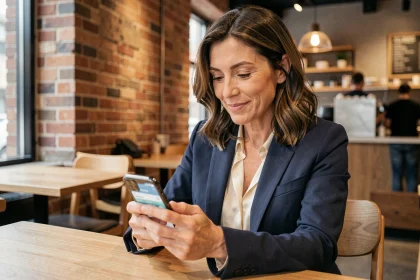Femme mature élégante utilisant une application de rencontre sur smartphone dans un café moderne