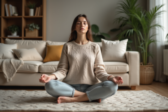 Femme en méditation chez elle avec ambiance cozy