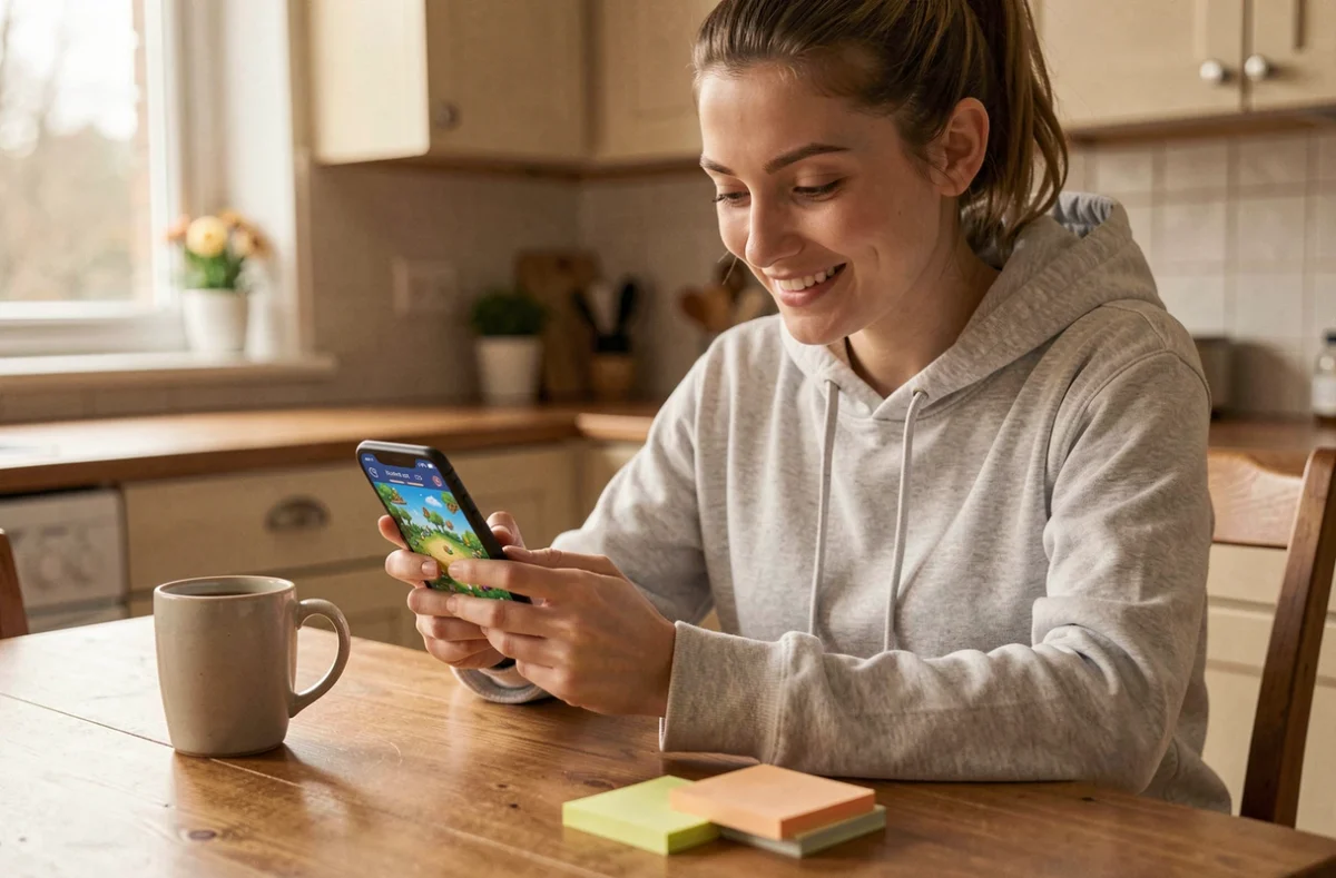 Jeune femme consultant des liens gratuits Monopoly Go sur son smartphone à la maison