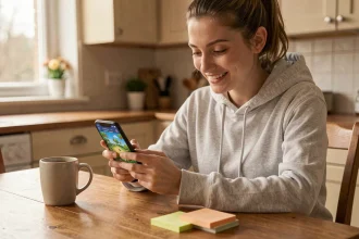 Jeune femme consultant des liens gratuits Monopoly Go sur son smartphone à la maison