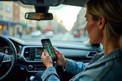 Femme utilisant une application GPS sur smartphone dans une voiture pour naviguer en ville
