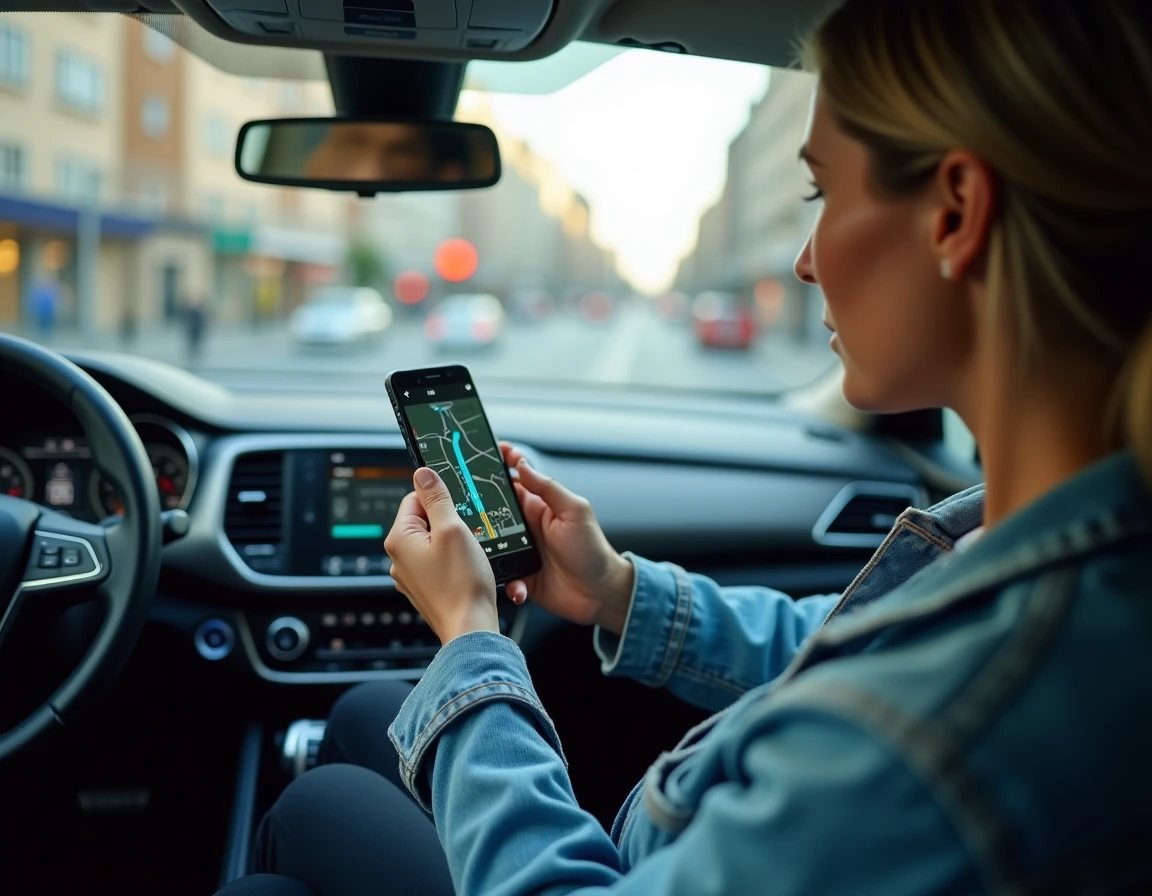 Femme utilisant une application GPS sur smartphone dans une voiture pour naviguer en ville