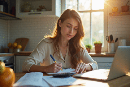 Jeune femme à la cuisine avec calculatrice et carnet