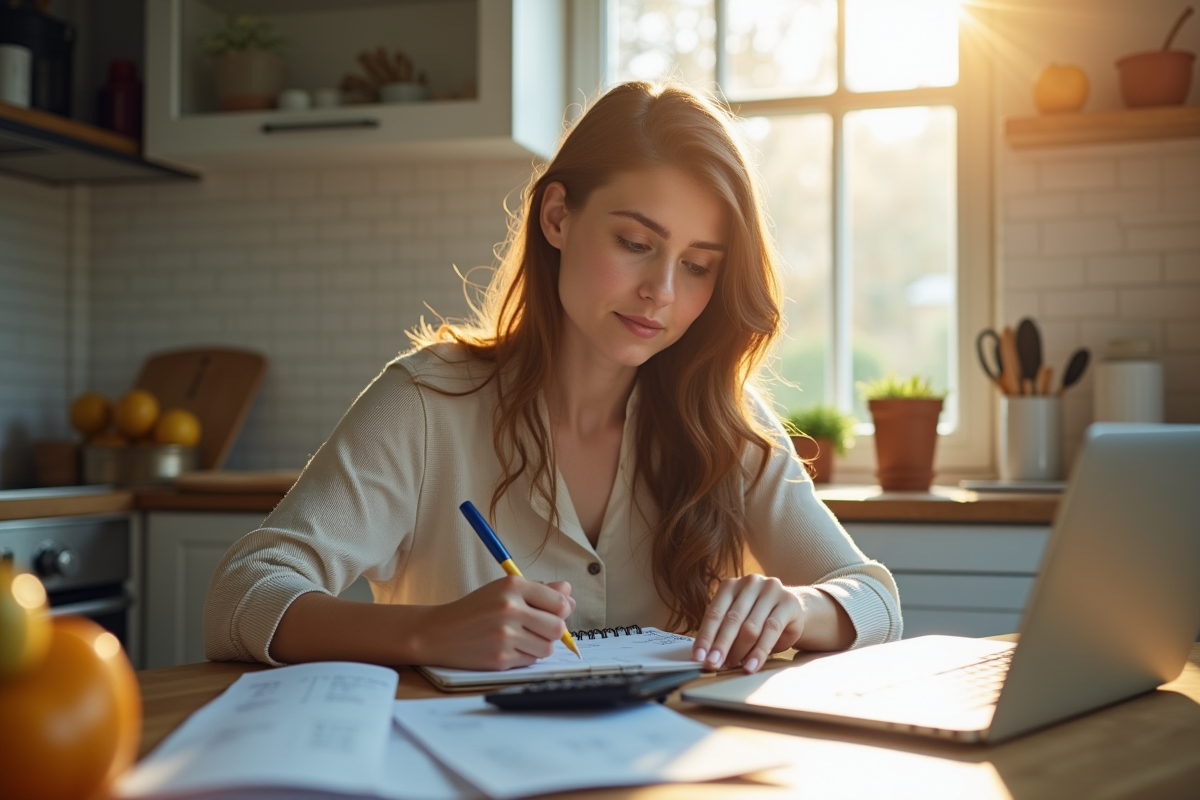 Jeune femme à la cuisine avec calculatrice et carnet