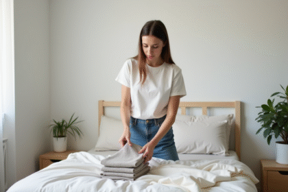 Femme en train de plier des vêtements neutres dans une chambre calme