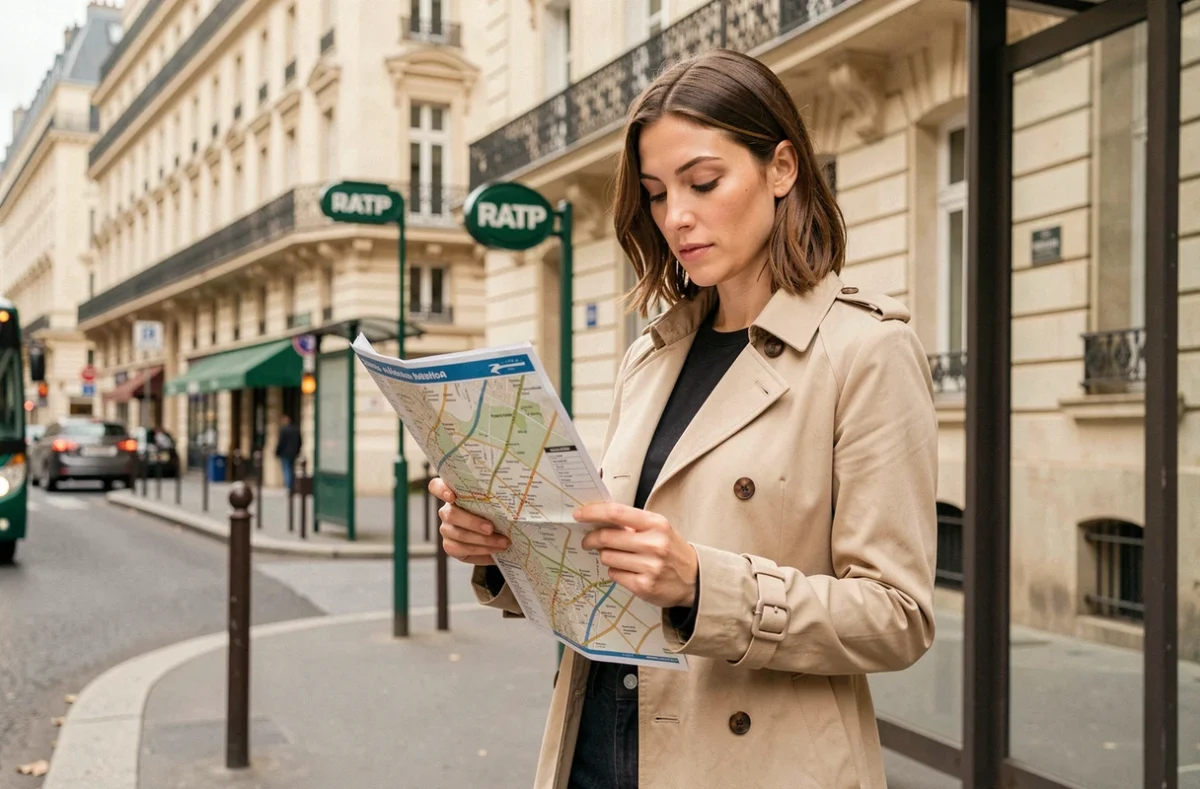Femme consultant un plan de bus Paris avec rues à un arrêt de bus haussmannien