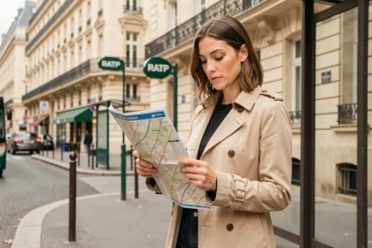 Femme consultant un plan de bus Paris avec rues à un arrêt de bus haussmannien