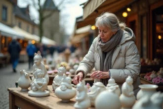 Femme examinant des figurines en porcelaine lors d'un marché en Normandie